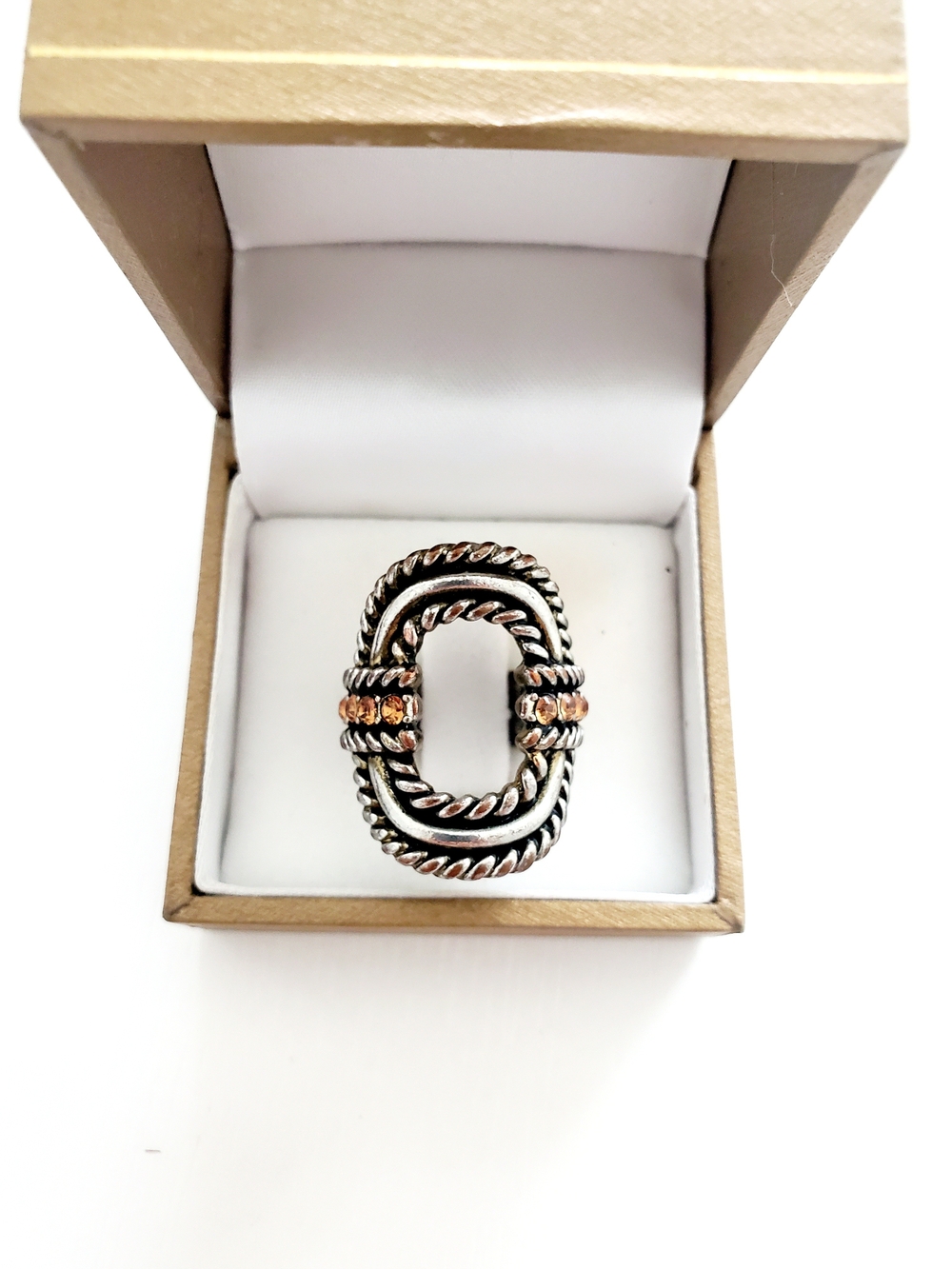 Two-Tone Rope Link Ring in Silver and Rose Gold Accents